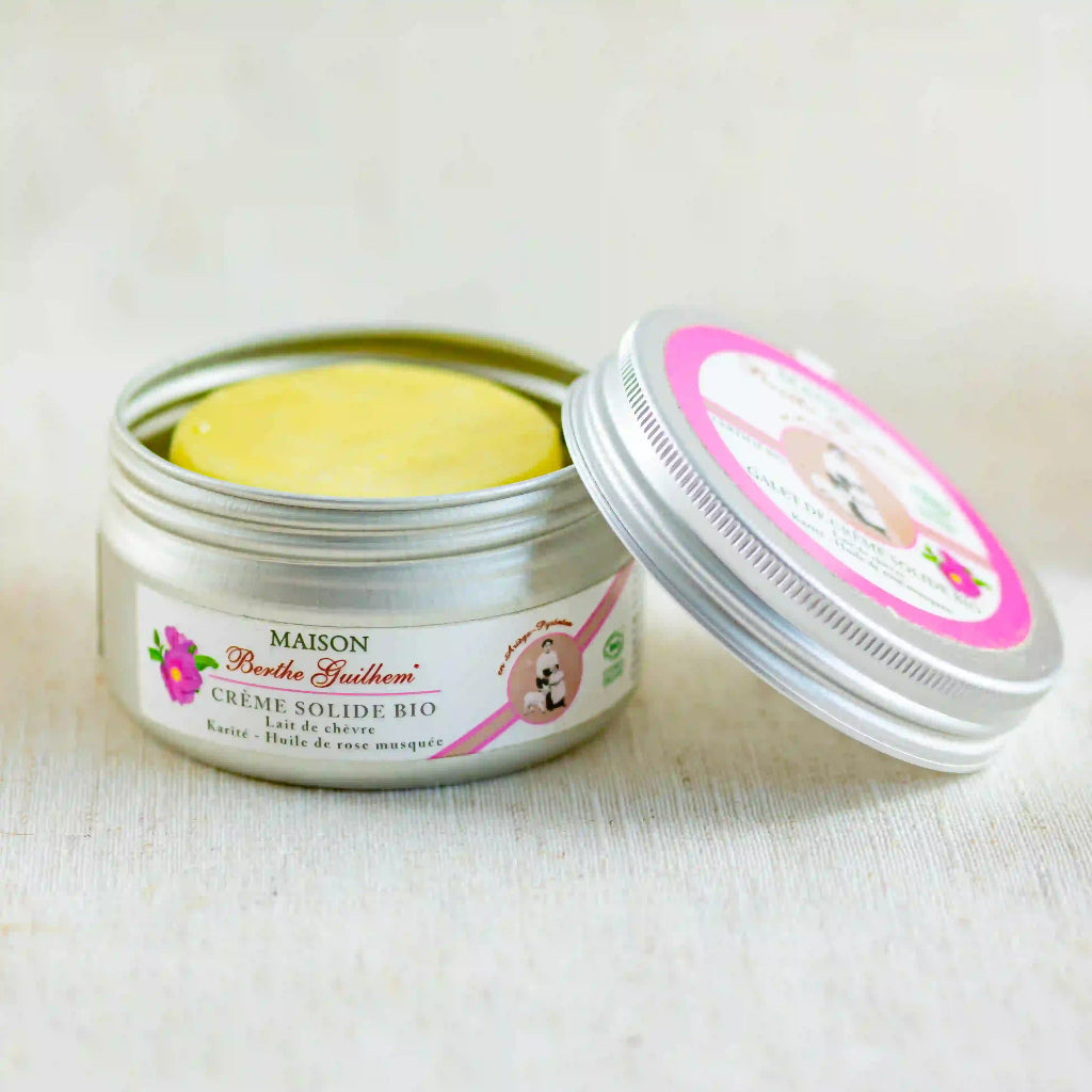 Galet de crème solide certifié BIO – Lait de chèvre / beurre de karité / Huile de rose musquée